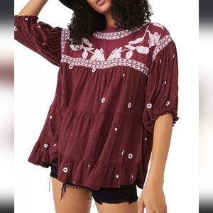 Free People Edie Embroidered Maroon Top